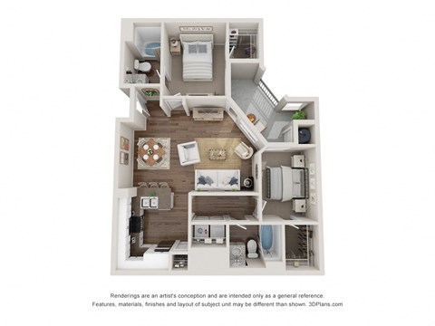 a stylized floor plan of a 1 bedroom floor plan